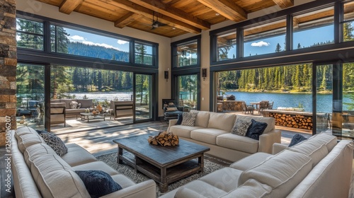Fototapeta Naklejka Na Ścianę i Meble -  Interior view of a lakeside house with large windows and a lake view