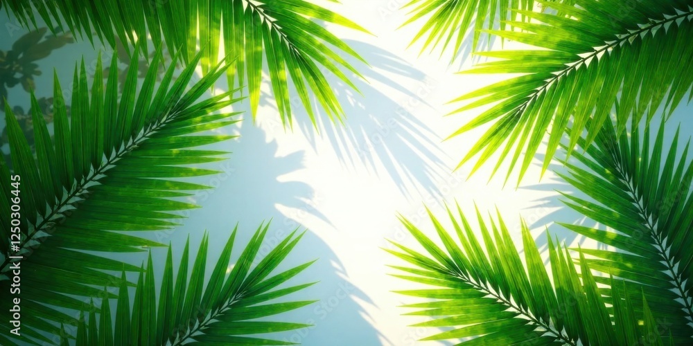 Lush Green Palm Fronds Frame a Bright, Sunlit Background, Creating a Vibrant and Tropical Aesthetic Perfect for Summer Designs or Relaxation-Themed Projects Lush Green Palm Fronds Frame a Bright, Sunlit Background, Creating a Vibrant and Tropical Aesthetic Perfect for Summer Designs or Relaxation-Themed Projects