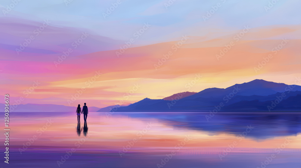 couple stands hand in hand on serene beach at sunset, reflecting vibrant colors couple stands hand in hand on serene beach at sunset, reflecting vibrant colors