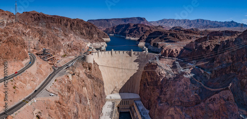 Hoover Dam and Lake Mead at the Arizona and Nevada state line.