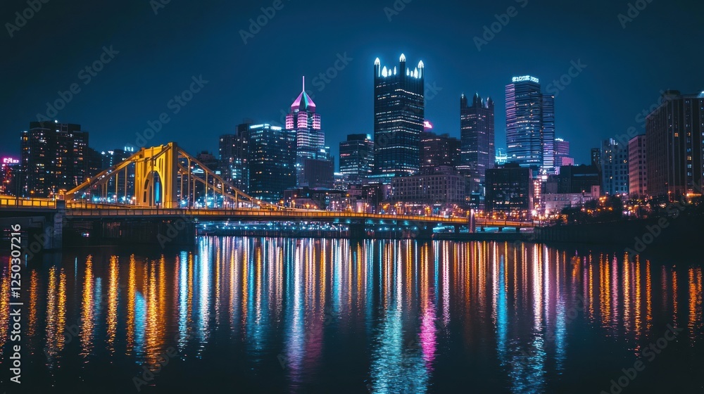 Fototapeta premium Nighttime cityscape reflecting on water, showcasing illuminated buildings and bridges.