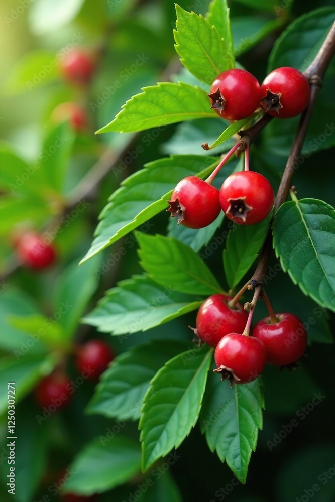 Berry bush with ripe red berries and fresh green leaves, berries, foliage Berry bush with ripe red berries and fresh green leaves, berries, foliage