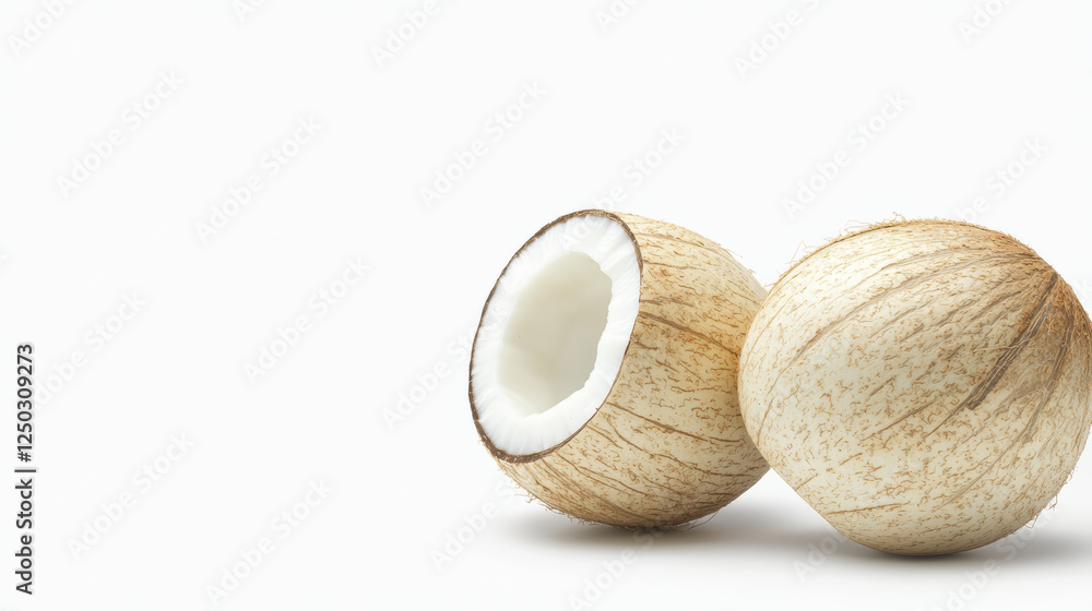Fresh coconut halves on light background, showcasing white flesh and brown shell. Perfect for tropical themes Fresh coconut halves on light background, showcasing white flesh and brown shell. Perfect for tropical themes