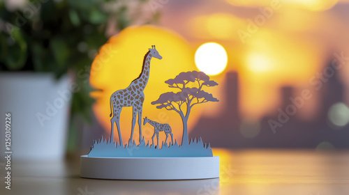 beautiful paper cutout of giraffe and its calf against sunset backdrop, symbolizing nature beauty and wildlife