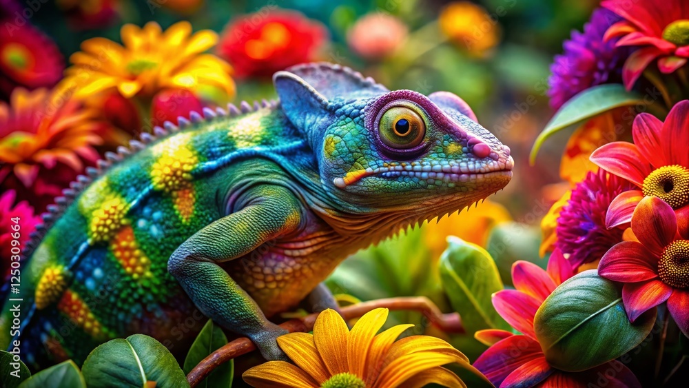 Fototapeta premium Vibrant Chameleon Camouflaged in Lush Floral Paradise - Architectural Photography