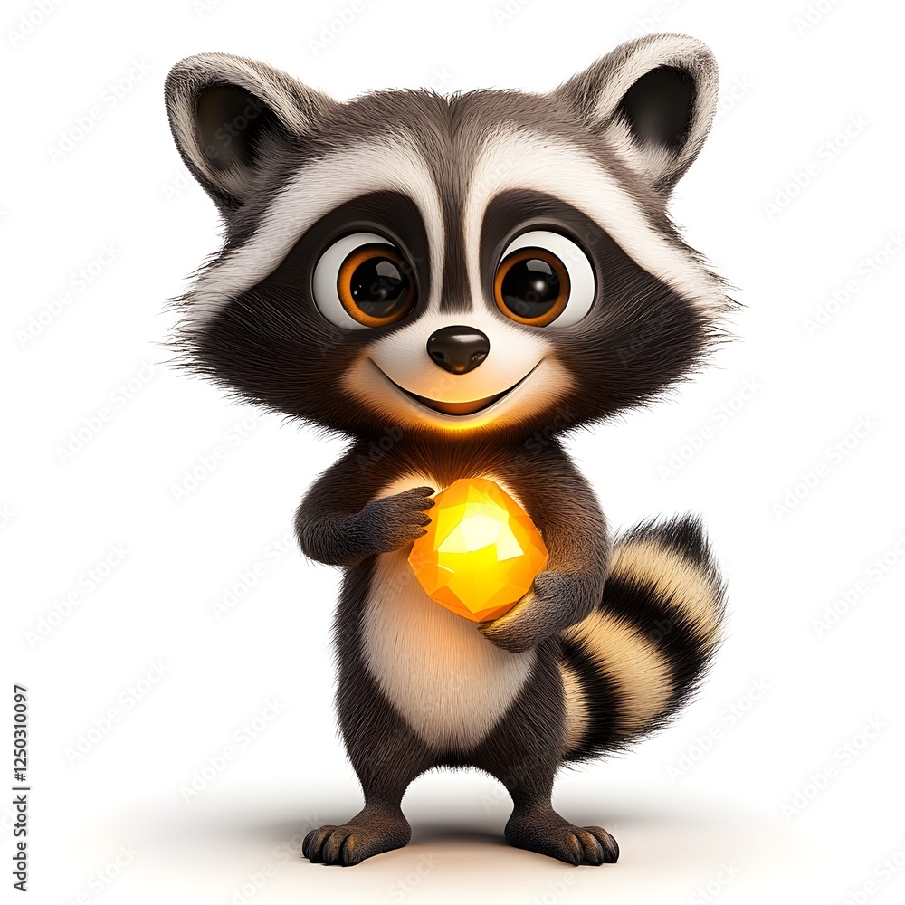 Cute cartoon raccoon character holding a glowing gem with an enchanting forest background, showcasing a whimsical and playful design suitable for kids themes Cute cartoon raccoon character holding a glowing gem with an enchanting forest background, showcasing a whimsical and playful design suitable for kids themes