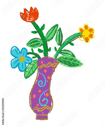 Crayon, charcoal, chalk children doodle flower vase. Collage abstract childlike style with texture still life isolated from background