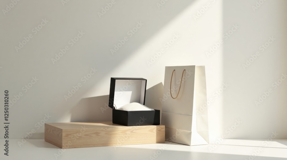 Elegant product presentation with a black gift box, a pristine shopping bag, and a light wood display platform, bathed in soft sunlight. Elegant product presentation with a black gift box, a pristine shopping bag, and a light wood display platform, bathed in soft sunlight.
