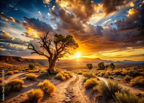 Vibrant Desert Sunset: Rugged Path, Solitary Tree, Golden Light Stock Photo