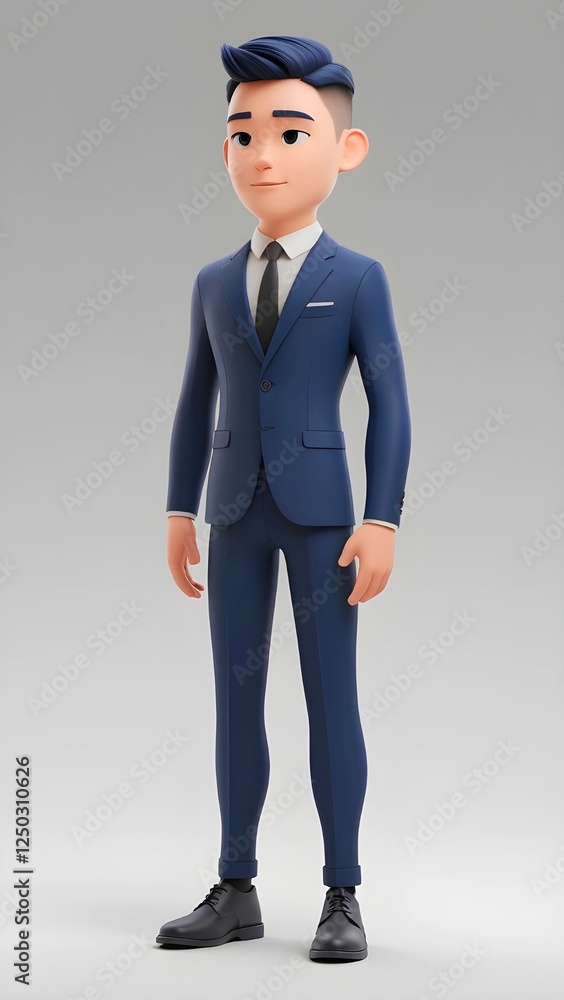 3D cartoon businessman in a blue suit with black hair, standing confidently. Professional and modern character design for business, finance, or corporate themes, gray background 3D cartoon businessman in a blue suit with black hair, standing confidently. Professional and modern character design for business, finance, or corporate themes, gray background