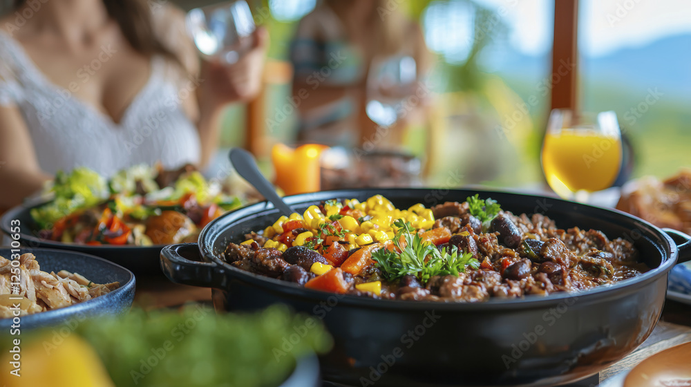 Obraz premium Delicious meal featuring colorful vegetables, beans, and herbs, served in cozy setting with drinks