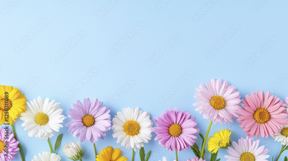 Fototapeta premium Bright and colorful flowers arranged on blue background create cheerful atmosphere