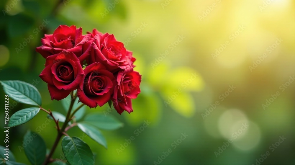 A cluster of deep red roses in full bloom, bathed in the warm glow of sunlight filtering through lush green foliage A cluster of deep red roses in full bloom, bathed in the warm glow of sunlight filtering through lush green foliage