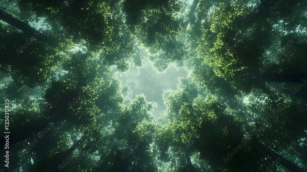 Fototapeta premium Lush green forest with vibrant foliage and shimmering sunlight filtering through the dense canopy