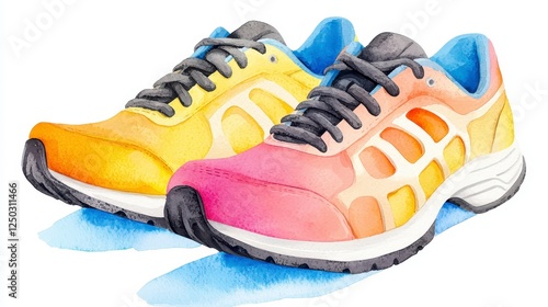 Watercolor Athletic Shoes Yellow, Orange, Pink and Blue Sneakers