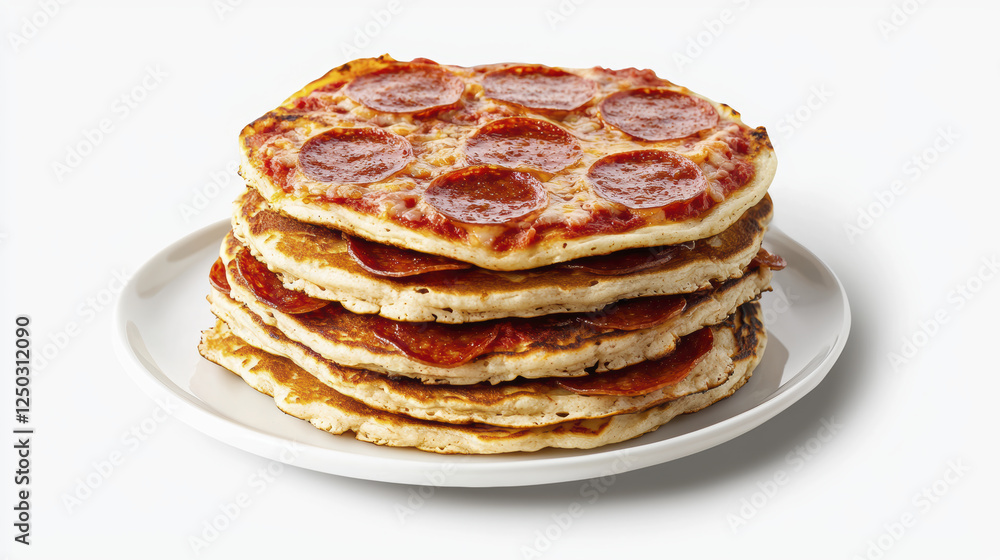 Stack of pizza pancakes topped with pepperoni on white plate Stack of pizza pancakes topped with pepperoni on white plate