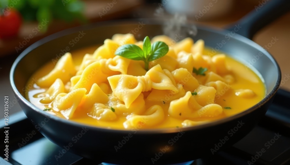 Bowtie pasta in a rich cheese sauce, bubbling gently on the stove, pasta, texture, food Bowtie pasta in a rich cheese sauce, bubbling gently on the stove, pasta, texture, food