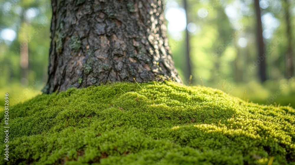 Sun-Kissed Moss Embraces the Base of a Forest Tree Trunk Detail Sun-Kissed Moss Embraces the Base of a Forest Tree Trunk Detail