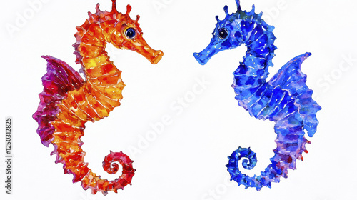 Colorful seahorses in vibrant orange and blue hues, showcasing intricate details and artistic flair, perfect for marine art lovers photo