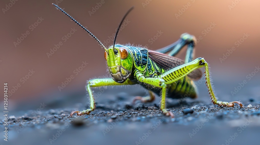 Close-up of a vibrant green grasshopper on a textured surface with a blurred natural background Close-up of a vibrant green grasshopper on a textured surface with a blurred natural background