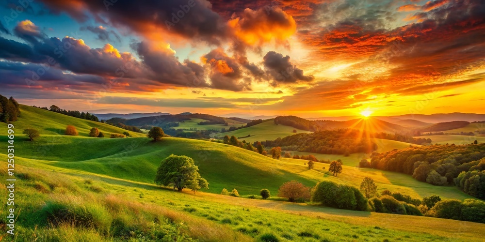 Fototapeta premium Vibrant Sunset Landscape: Golden Hour Meadow, Rolling Hills, and Clear Sky