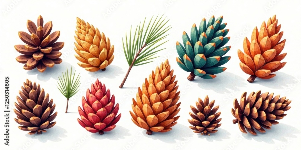 Collection of stylized pine cones and needles, vibrant autumnal colors, detailed botanical illustration Collection of stylized pine cones and needles, vibrant autumnal colors, detailed botanical illustration