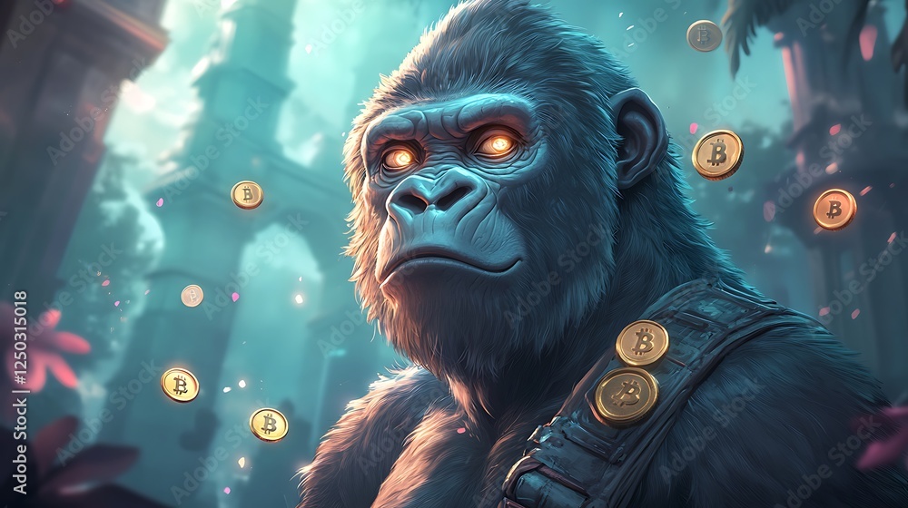 A golden gorilla with glowing eyes standing tall in a futuristic financial empire filled with Bitcoin symbols A golden gorilla with glowing eyes standing tall in a futuristic financial empire filled with Bitcoin symbols