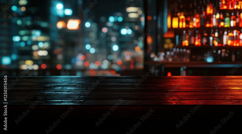 Night city bar empty wooden table display Night city bar empty wooden table display