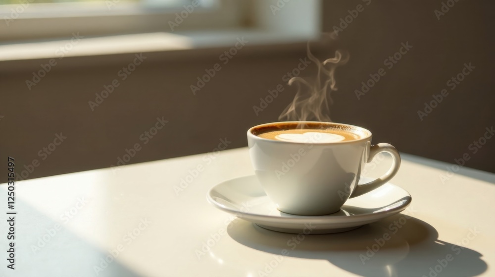 Aromatic Coffee Drink with Heart Design in a White Mug on a Table Aromatic Coffee Drink with Heart Design in a White Mug on a Table