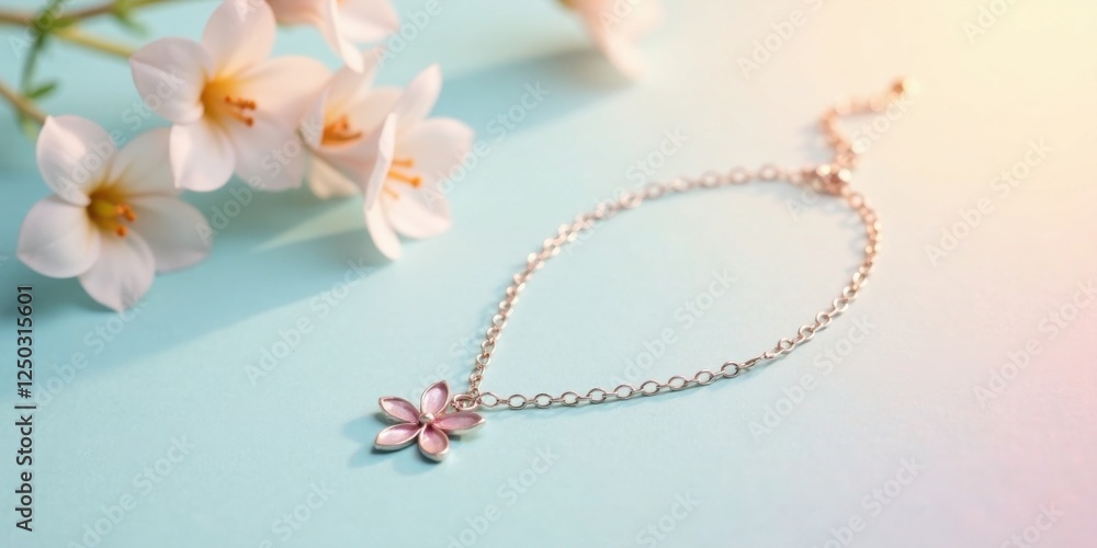 Delicate silver chain bracelet adorned with a pink flower charm, resting on a pastel blue surface amongst softly lit white blossoms.