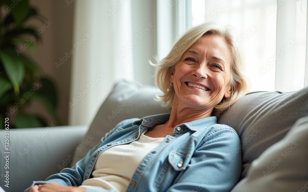 Joyful Older Woman Relaxing at Home: A Portrait of Contentment and Peace in a Cozy Living Room Setting with Soft Lighting and Comforting Decor Joyful Older Woman Relaxing at Home: A Portrait of Contentment and Peace in a Cozy Living Room Setting with Soft Lighting and Comforting Decor