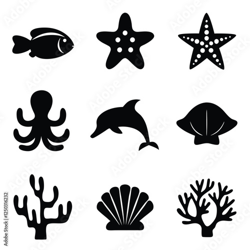 Marine Fauna Silhouette Pack Vector Illustrations of Oceanic Species photo