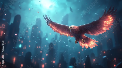 A golden hawk flying over a digital cityscape filled with Bitcoin and crypto trading symbols glowing in the darkness