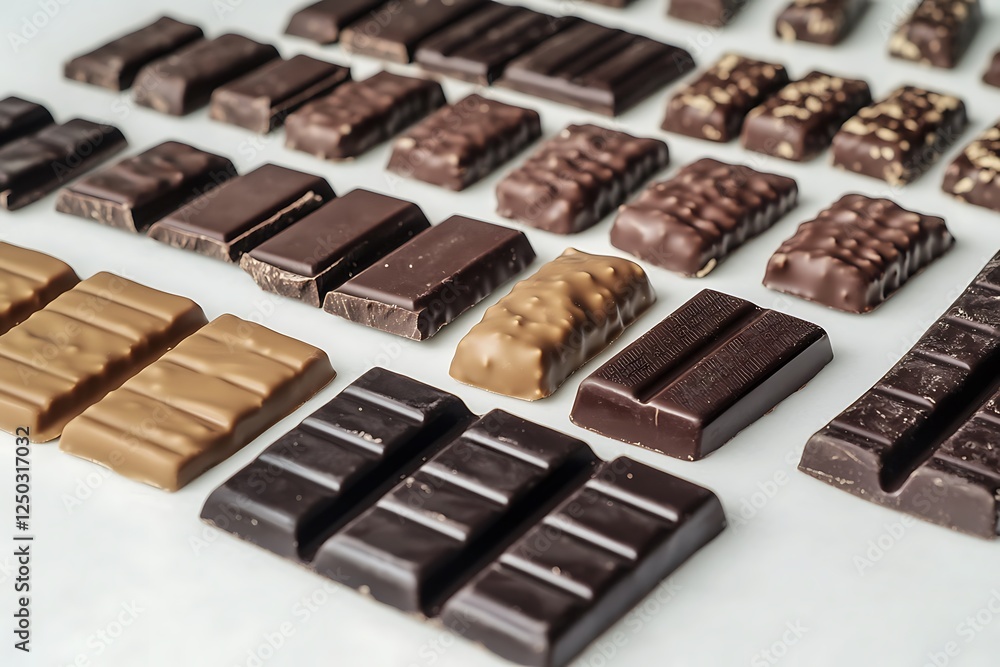 An elegant arrangement of various dark chocolate bars, neatly organized in parallel lines on a pristine white surface. An elegant arrangement of various dark chocolate bars, neatly organized in parallel lines on a pristine white surface.