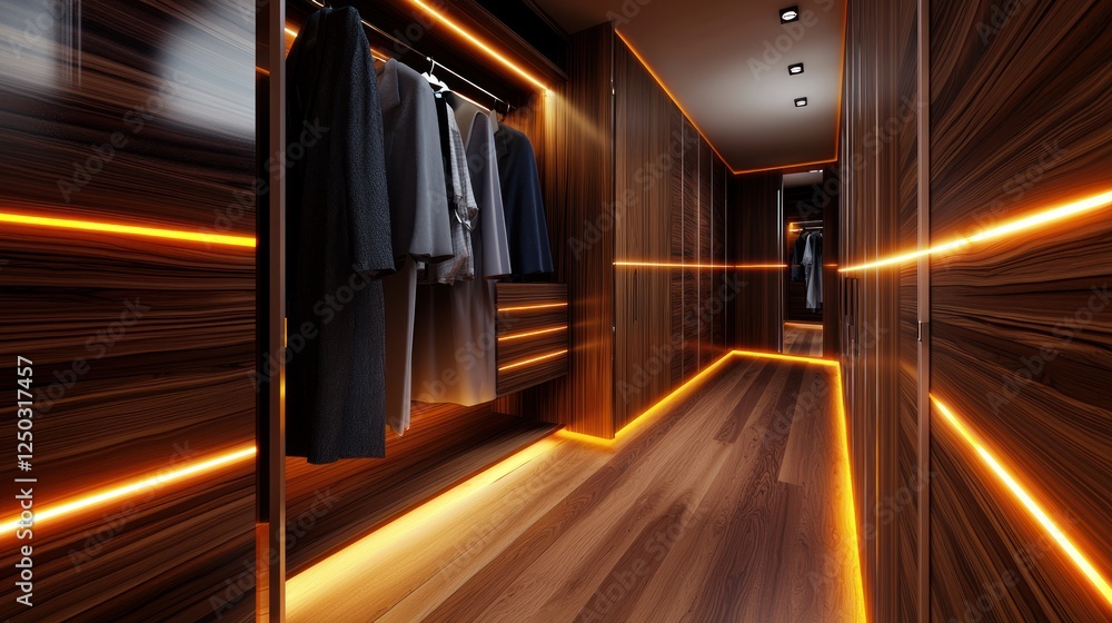 Modern hallway with illuminated wooden panels and clothing racks, creating a stylish ambiance Modern hallway with illuminated wooden panels and clothing racks, creating a stylish ambiance
