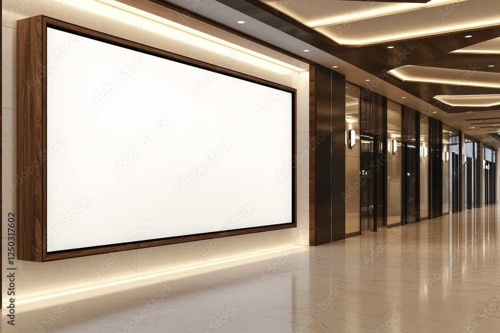Elegant gallery lobby with a blank white canvas framed in walnut, soft lighting, and a clean, sophisticated minimalist design. Elegant gallery lobby with a blank white canvas framed in walnut, soft lighting, and a clean, sophisticated minimalist design.