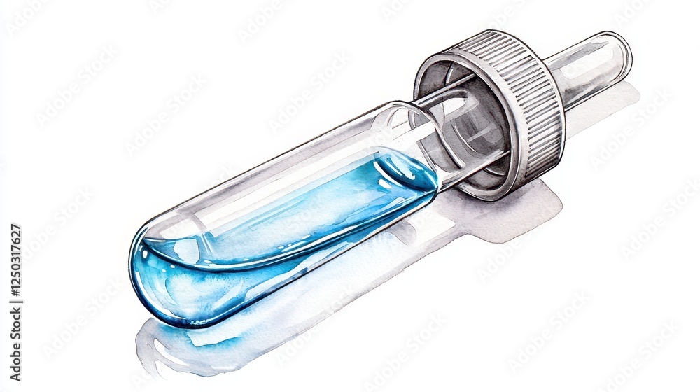 Watercolor Illustration of Glass Dropper Bottle with Light Blue Liquid Watercolor Illustration of Glass Dropper Bottle with Light Blue Liquid
