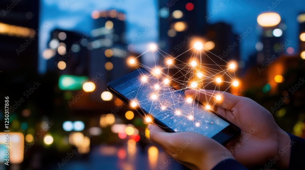 Fototapeta premium Person Using Smartphone Showing Digital Network At Night In City