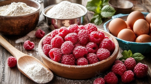 Ingredients for a raspberry cake laid out on a rustic kitchen counter: flour, eggs, butter, fresh raspberries, and more, with a wooden spoon and mixing bowls in the background photo