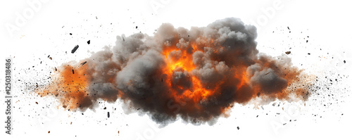 A digital depiction of an explosion with thick black smoke rising above a bed of orange flames against a white background PNG.AI GENERATED