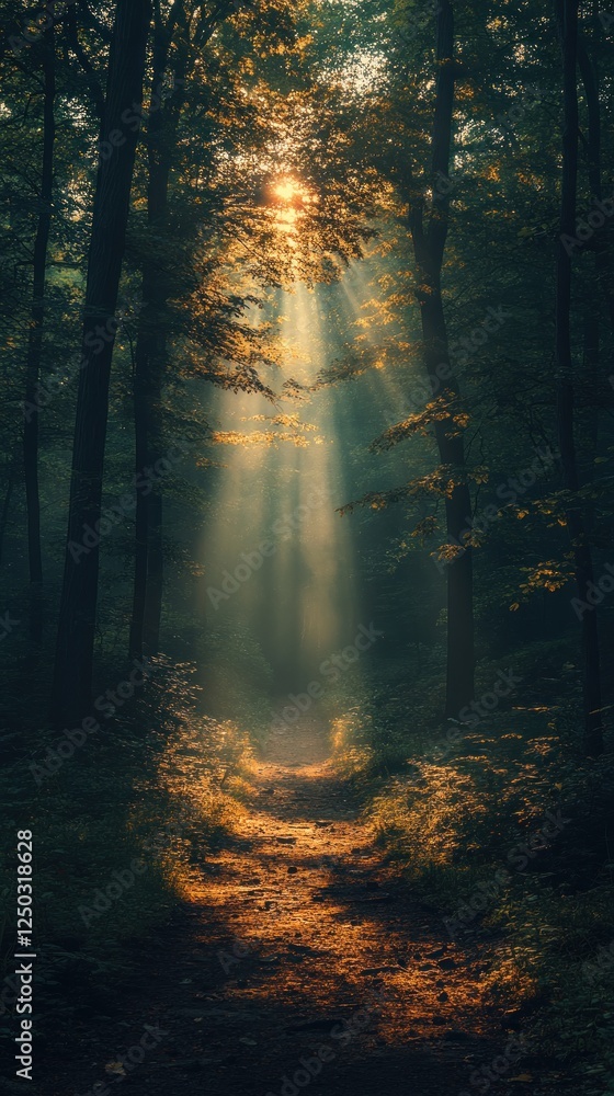 Obraz premium Sunbeams Illuminating a Forest Path
