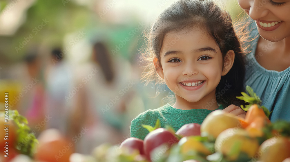 South asian Mother and young daughter happily picking fruits in a supermarket South asian Mother and young daughter happily picking fruits in a supermarket