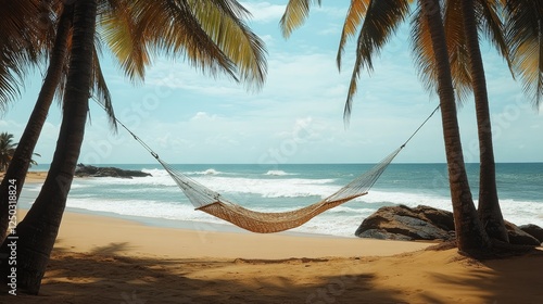 A serene beach with a hammock strung between two palm trees, soft waves and golden sand creating the perfect relaxation setting.