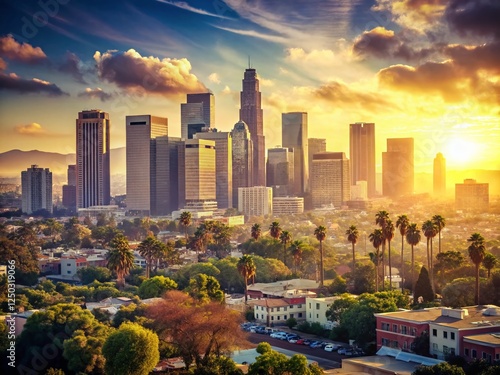 Vintage Los Angeles Downtown Skyline Panorama: Sun-Kissed Cityscape