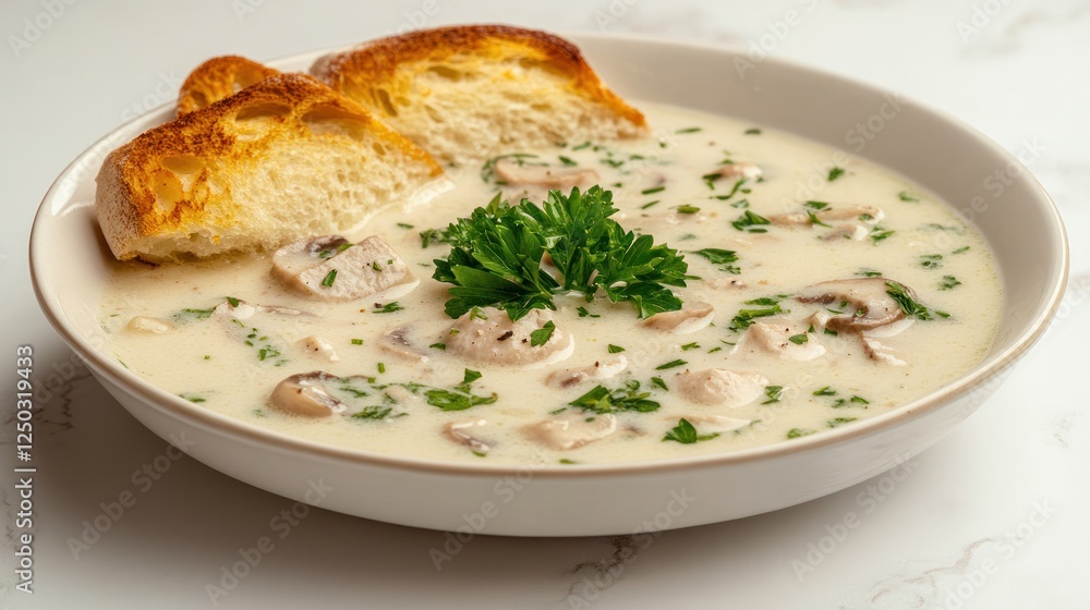 Healthy food concept showing White mushroom soup with parsley and breadsticks, AI generated image Healthy food concept showing White mushroom soup with parsley and breadsticks, AI generated image