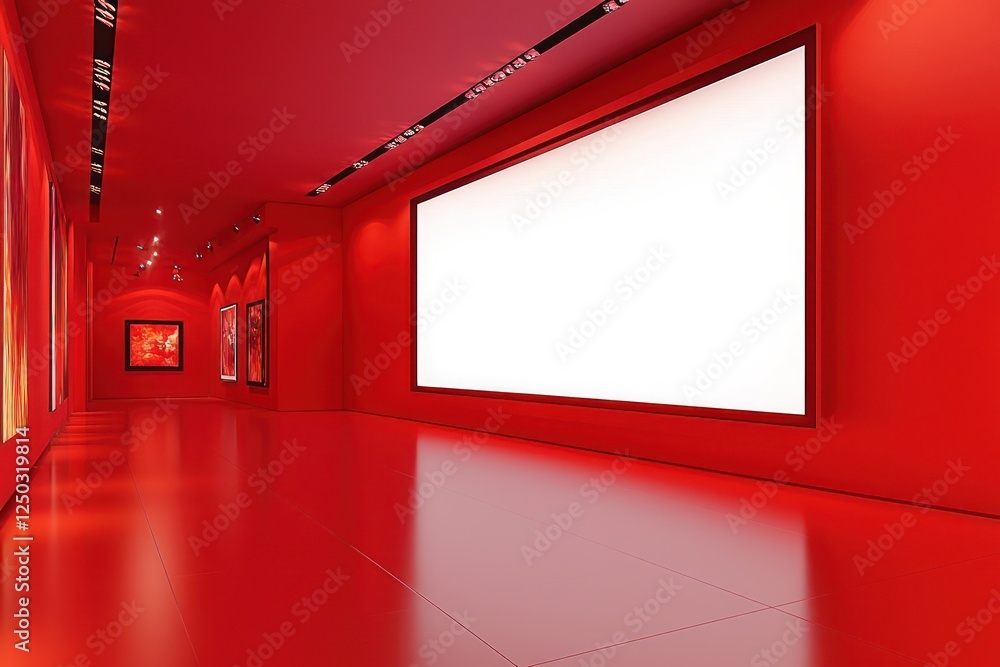 Vibrant red gallery space with a large blank screen, minimalist design enhanced by soft lighting, ideal for showcasing art in a stylish way. Vibrant red gallery space with a large blank screen, minimalist design enhanced by soft lighting, ideal for showcasing art in a stylish way.