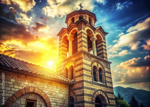 Vintage Photo: Hercegovacka Gracanica Monastery Bell Tower, Trebinje, Bosnia & Herzegovina - Neo-Byzantine Architecture photo