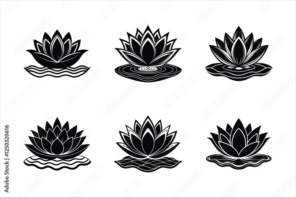Lotus flower silhouette vector design set labeled linocut vector illustration Lotus flower silhouette vector design set labeled linocut vector illustration