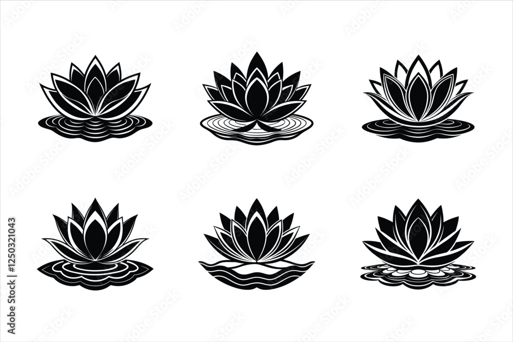 Lotus flower silhouette vector design set labeled linocut vector illustration Lotus flower silhouette vector design set labeled linocut vector illustration