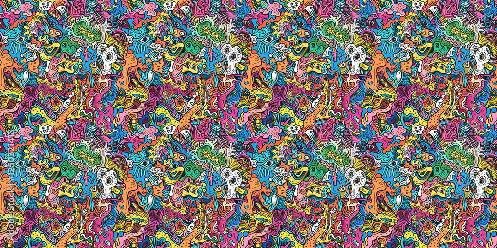 Cartoon hand-drawn doodles on the subject of summer holidays theme seamless pattern Cartoon hand-drawn doodles on the subject of summer holidays theme seamless pattern
